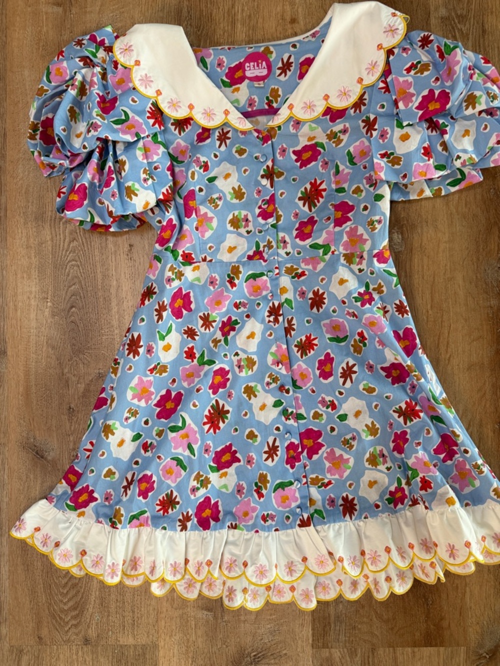 CeliaB Blue Multicolor Floral Dress with Scalloped Collar